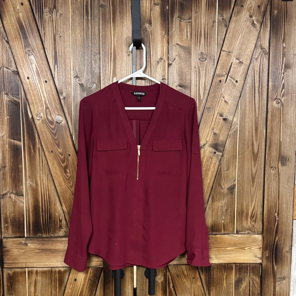 Express Burgundy V-Neck Blouse with Zipper